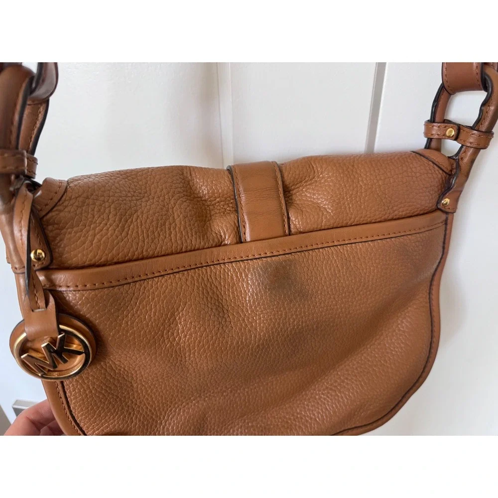Michael Kors Brown Pebbled Leather Saddle Crossbody Bag Gold Clasp Acorn